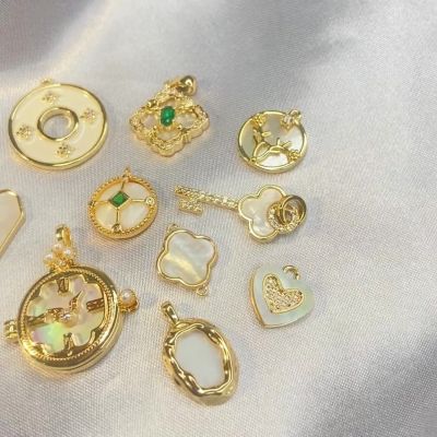 14K gold mother of pearl pendant with drop glue inlaid zircon turquoise natural DIY pearl necklace earrings abalone accessories single pendant